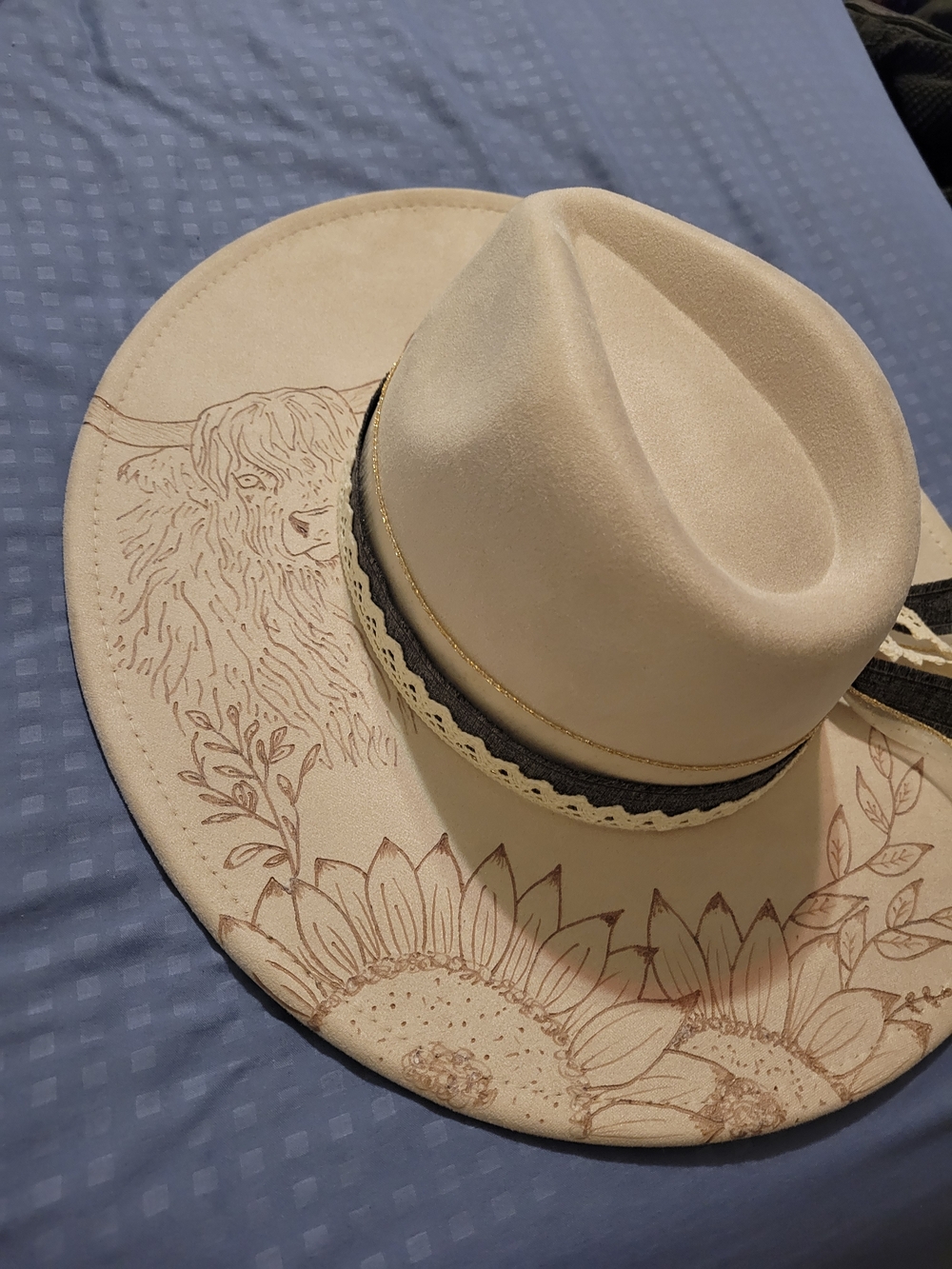 Cream Wide-Brim Fedora Hat Hand  Burned Sunflowers & Highland Cow